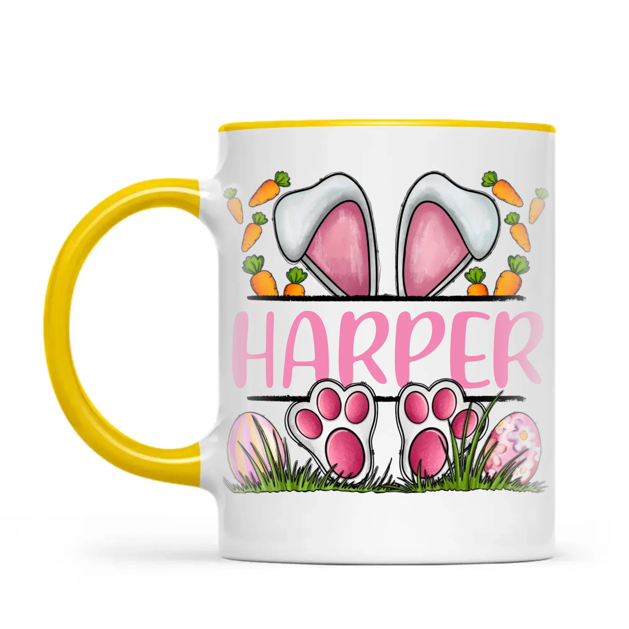 Personalised Easter Bunny Mug – Custom Name Kids Cup with Cute Pink Bunny Design, Carrots & Eggs – Enamel or Ceramic – NZ Made