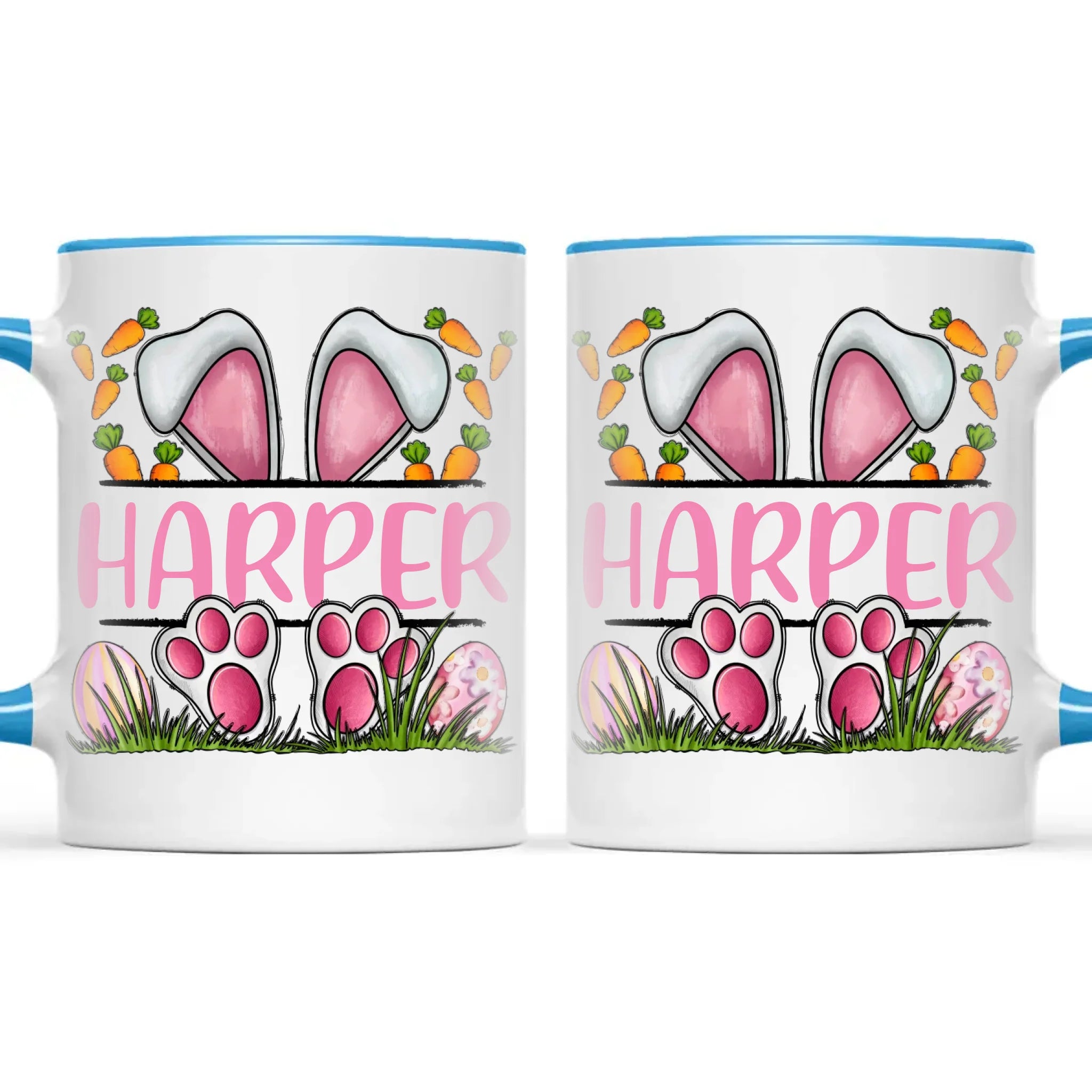 Personalised Easter Bunny Mug – Custom Name Kids Cup with Cute Pink Bunny Design, Carrots & Eggs – Enamel or Ceramic – NZ Made