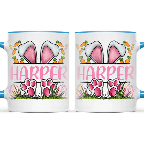 Personalised Easter Bunny Mug – Custom Name Kids Cup with Cute Pink Bunny Design, Carrots & Eggs – Enamel or Ceramic – NZ Made