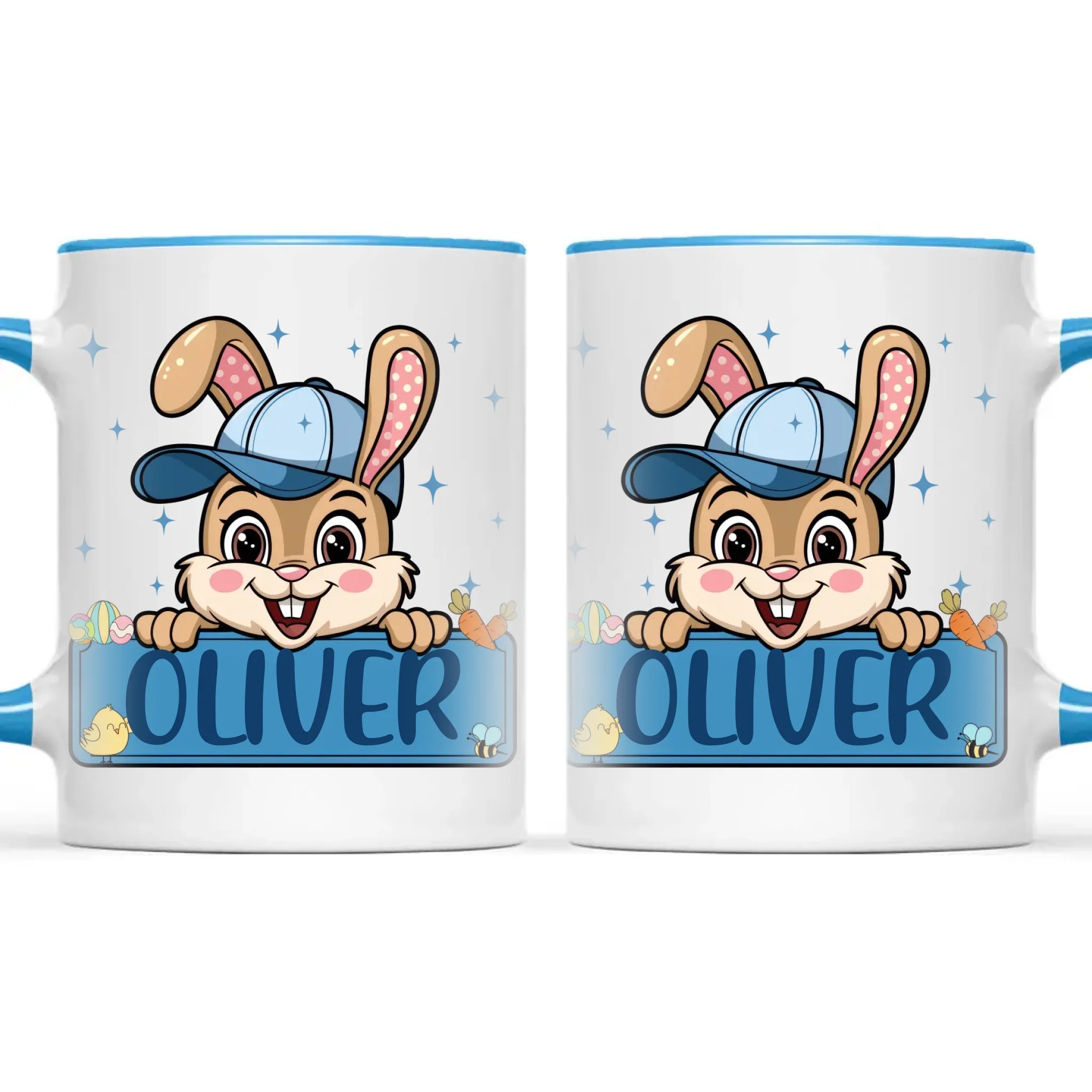 Personalised Bunny Mug for Boys – Custom Name Easter Gift – Cute Bunny with Blue Cap, Eggs & Carrots – Enamel or Ceramic Cup – NZ Made