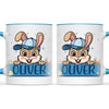 Personalised Bunny Mug for Boys – Custom Name Easter Gift – Cute Bunny with Blue Cap, Eggs & Carrots – Enamel or Ceramic Cup – NZ Made