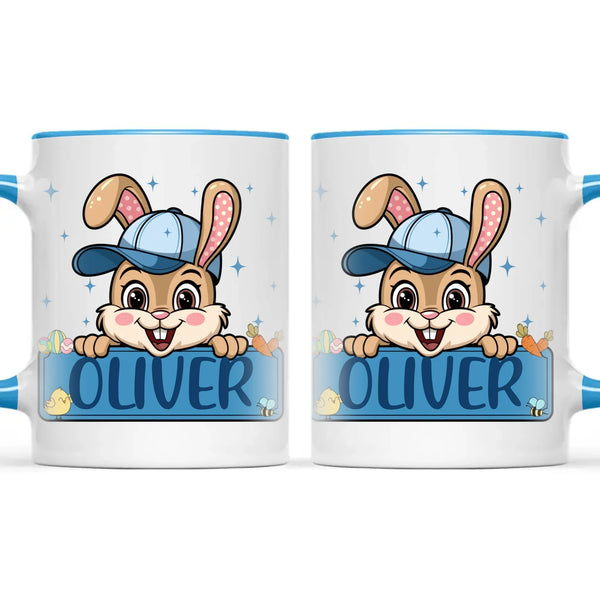Personalised Bunny Mug for Boys – Custom Name Easter Gift – Cute Bunny with Blue Cap, Eggs & Carrots – Enamel or Ceramic Cup – NZ Made