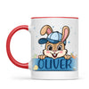 Personalised Bunny Mug for Boys – Custom Name Easter Gift – Cute Bunny with Blue Cap, Eggs & Carrots – Enamel or Ceramic Cup – NZ Made