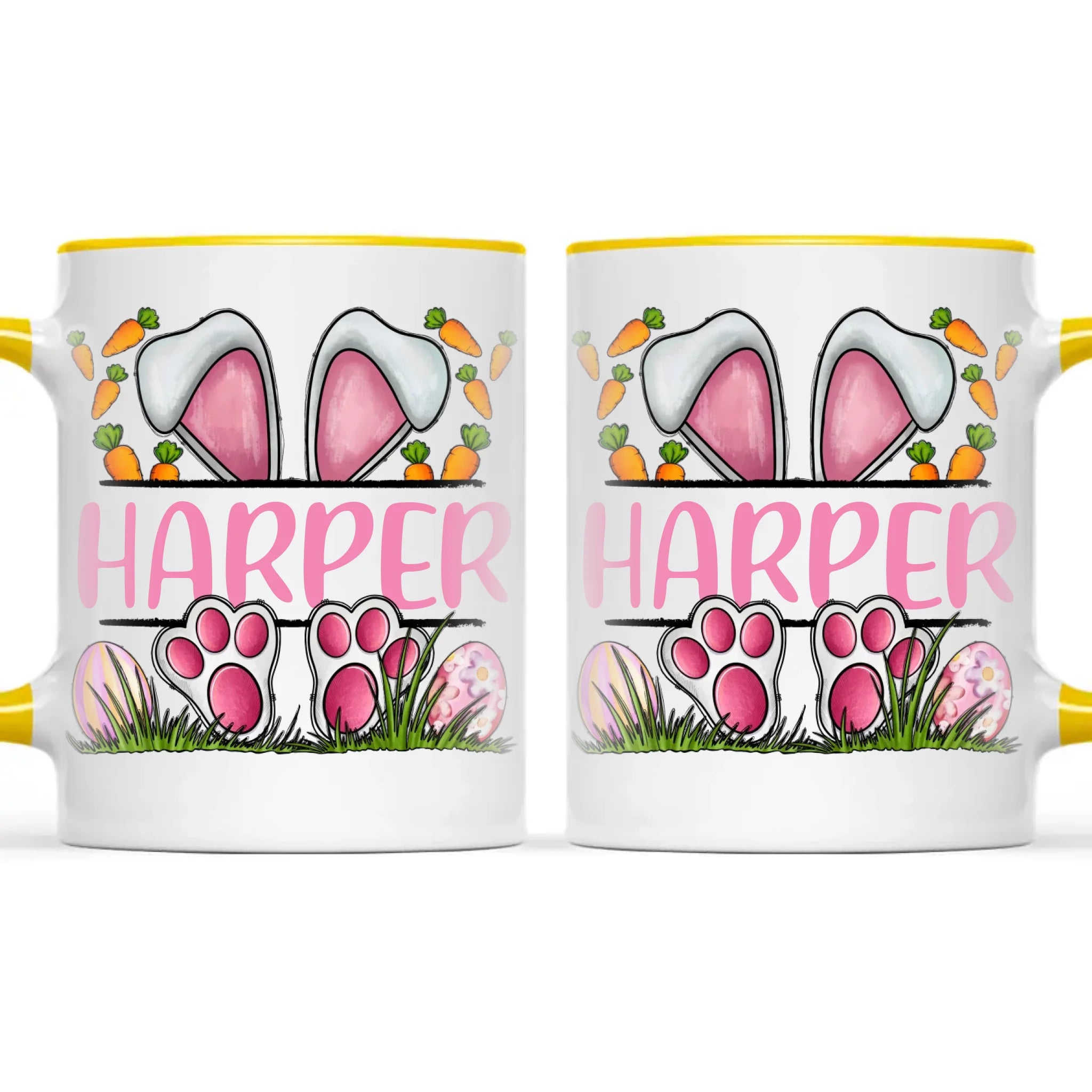 Personalised Easter Bunny Mug – Custom Name Kids Cup with Cute Pink Bunny Design, Carrots & Eggs – Enamel or Ceramic – NZ Made