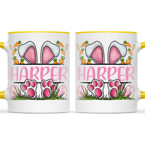 Personalised Easter Bunny Mug – Custom Name Kids Cup with Cute Pink Bunny Design, Carrots & Eggs – Enamel or Ceramic – NZ Made