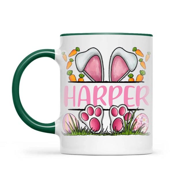 Personalised Easter Bunny Mug – Custom Name Kids Cup with Cute Pink Bunny Design, Carrots & Eggs – Enamel or Ceramic – NZ Made