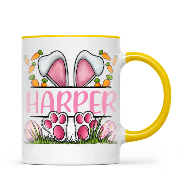 Personalised Easter Bunny Mug – Custom Name Kids Cup with Cute Pink Bunny Design, Carrots & Eggs – Enamel or Ceramic – NZ Made