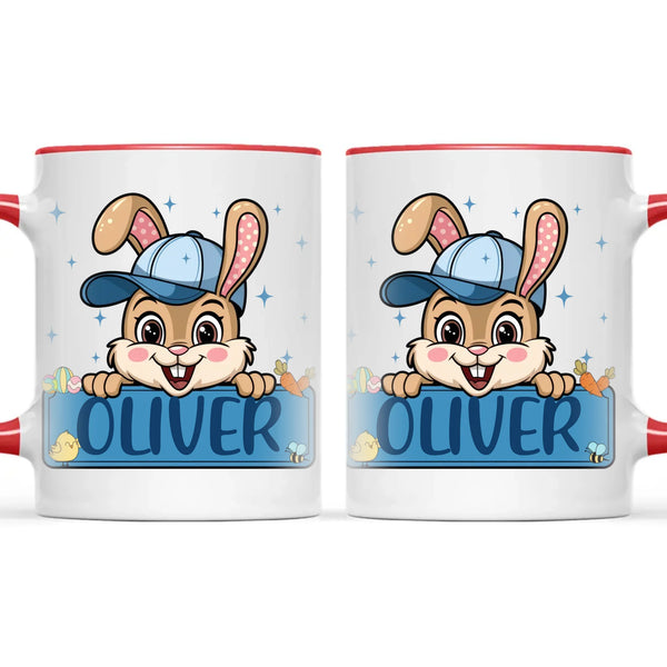 Personalised Bunny Mug for Boys – Custom Name Easter Gift – Cute Bunny with Blue Cap, Eggs & Carrots – Enamel or Ceramic Cup – NZ Made