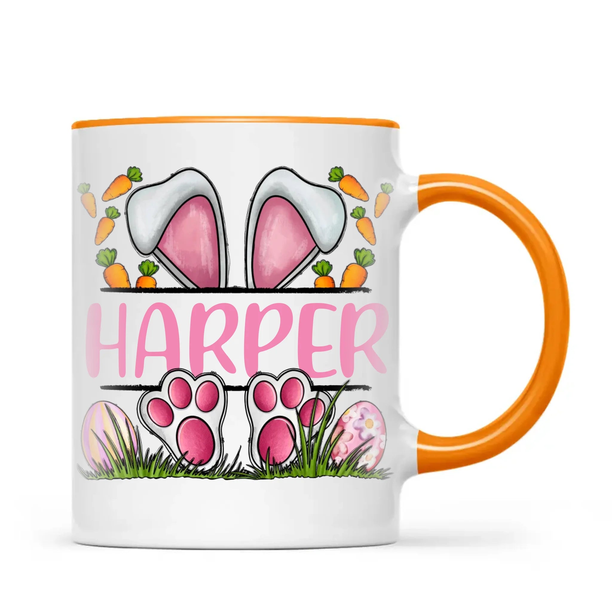 Personalised Easter Bunny Mug – Custom Name Kids Cup with Cute Pink Bunny Design, Carrots & Eggs – Enamel or Ceramic – NZ Made
