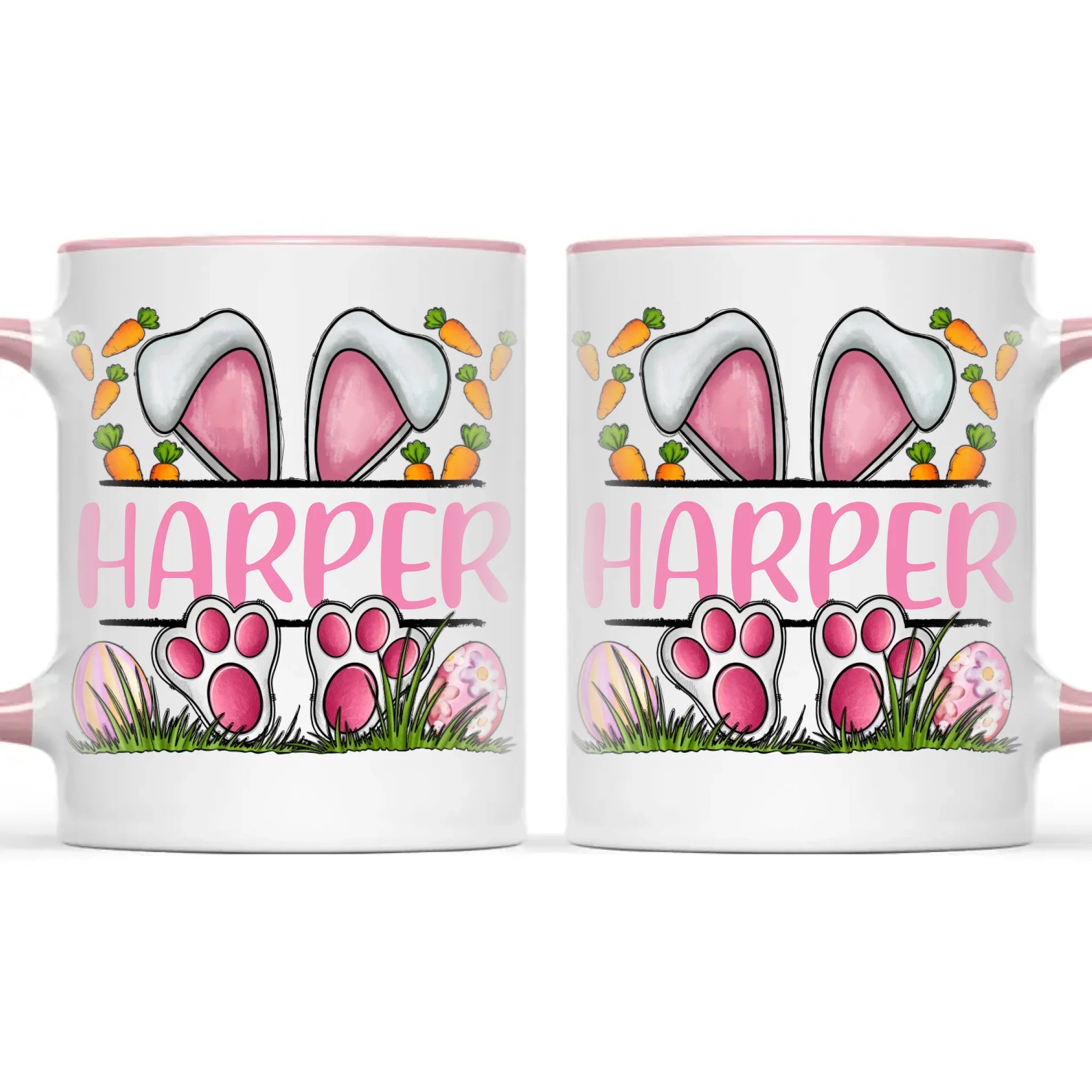 Personalised Easter Bunny Mug – Custom Name Kids Cup with Cute Pink Bunny Design, Carrots & Eggs – Enamel or Ceramic – NZ Made