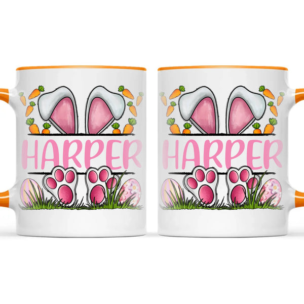Personalised Easter Bunny Mug – Custom Name Kids Cup with Cute Pink Bunny Design, Carrots & Eggs – Enamel or Ceramic – NZ Made