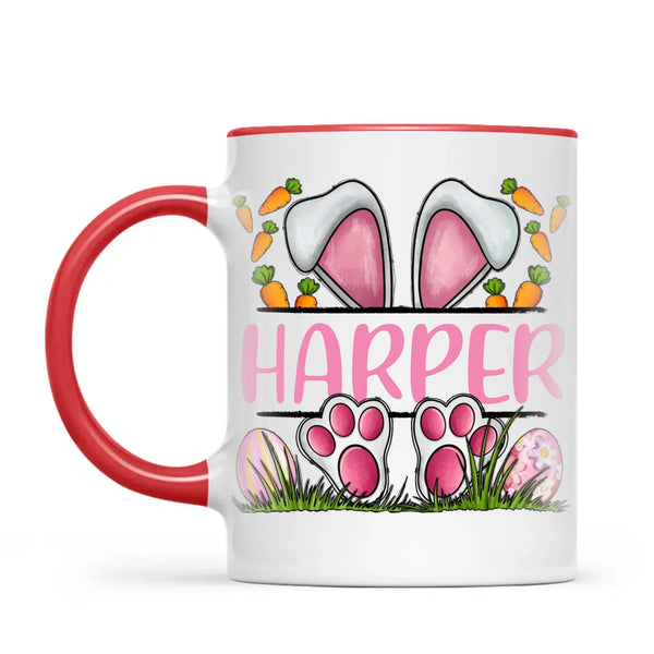 Personalised Easter Bunny Mug – Custom Name Kids Cup with Cute Pink Bunny Design, Carrots & Eggs – Enamel or Ceramic – NZ Made