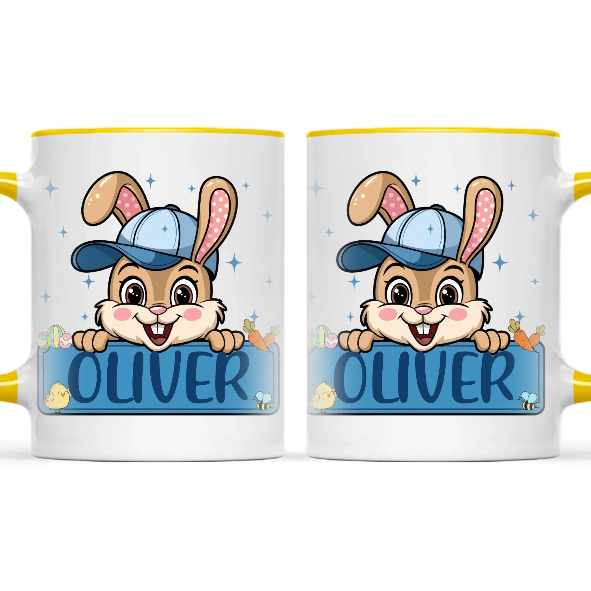 Personalised Bunny Mug for Boys – Custom Name Easter Gift – Cute Bunny with Blue Cap, Eggs & Carrots – Enamel or Ceramic Cup – NZ Made