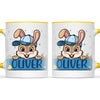 Personalised Bunny Mug for Boys – Custom Name Easter Gift – Cute Bunny with Blue Cap, Eggs & Carrots – Enamel or Ceramic Cup – NZ Made