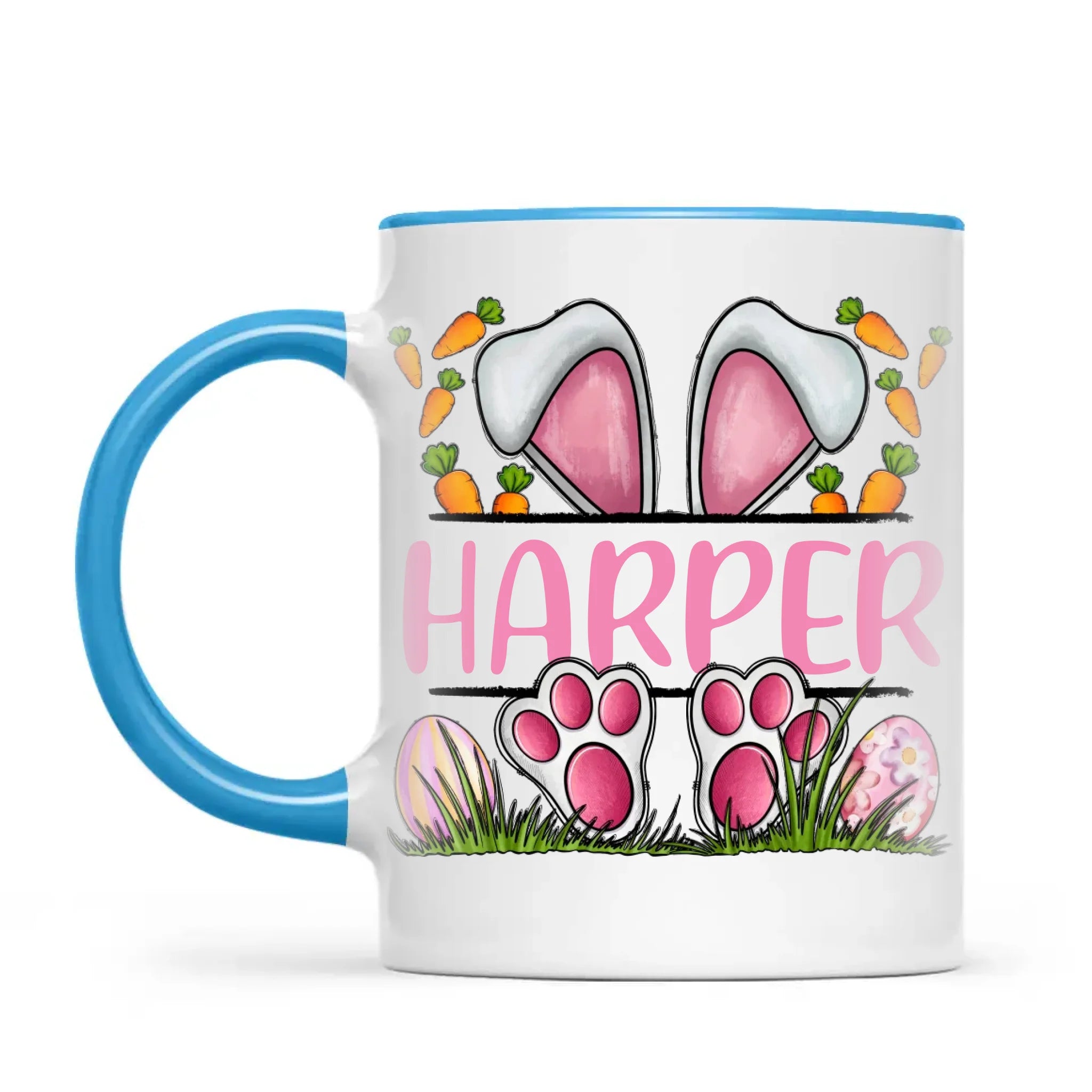 Personalised Easter Bunny Mug – Custom Name Kids Cup with Cute Pink Bunny Design, Carrots & Eggs – Enamel or Ceramic – NZ Made