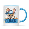 Personalised Bunny Mug for Boys – Custom Name Easter Gift – Cute Bunny with Blue Cap, Eggs & Carrots – Enamel or Ceramic Cup – NZ Made