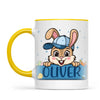 Personalised Bunny Mug for Boys – Custom Name Easter Gift – Cute Bunny with Blue Cap, Eggs & Carrots – Enamel or Ceramic Cup – NZ Made