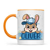 Personalised Bunny Mug for Boys – Custom Name Easter Gift – Cute Bunny with Blue Cap, Eggs & Carrots – Enamel or Ceramic Cup – NZ Made