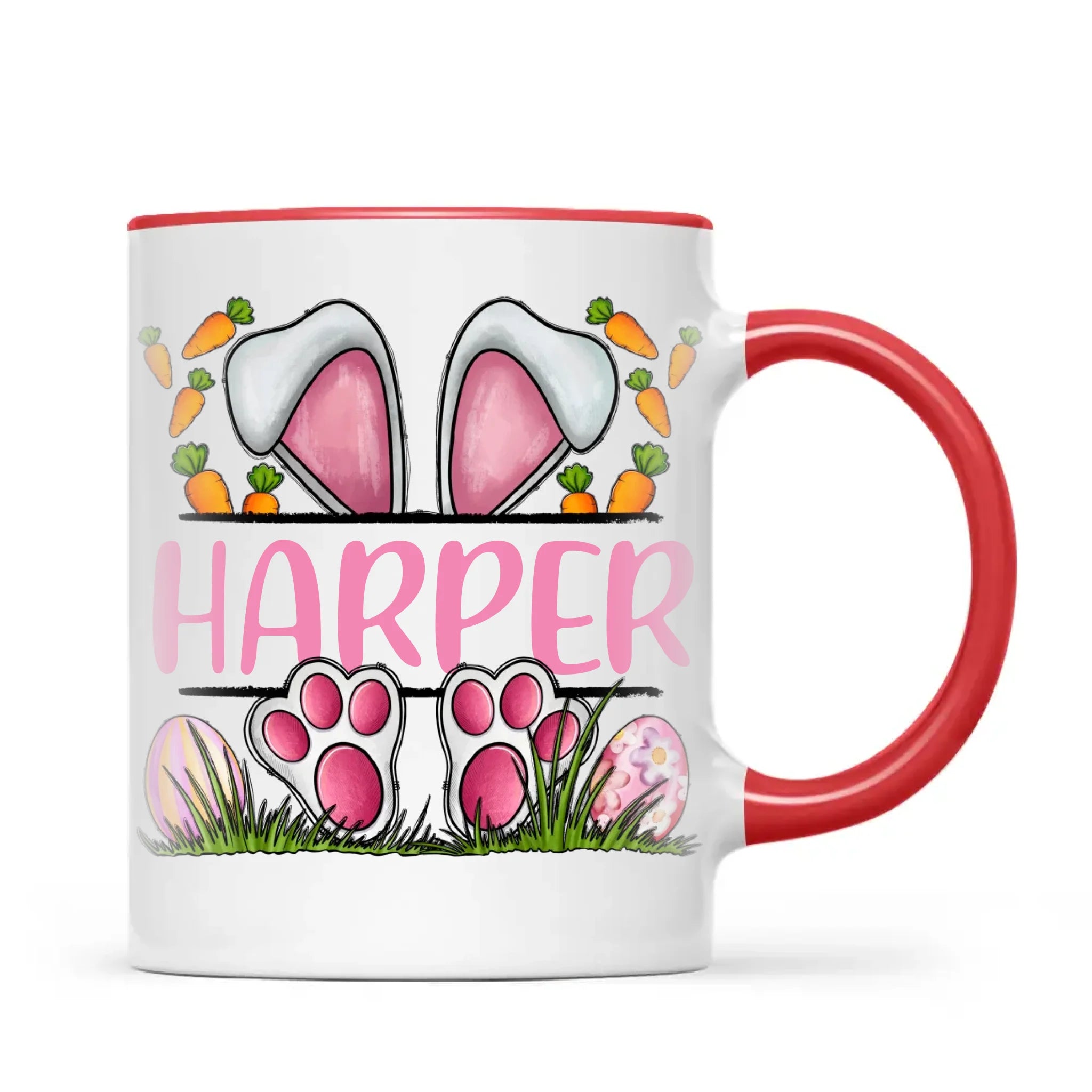 Personalised Easter Bunny Mug – Custom Name Kids Cup with Cute Pink Bunny Design, Carrots & Eggs – Enamel or Ceramic – NZ Made