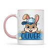 Personalised Bunny Mug for Boys – Custom Name Easter Gift – Cute Bunny with Blue Cap, Eggs & Carrots – Enamel or Ceramic Cup – NZ Made