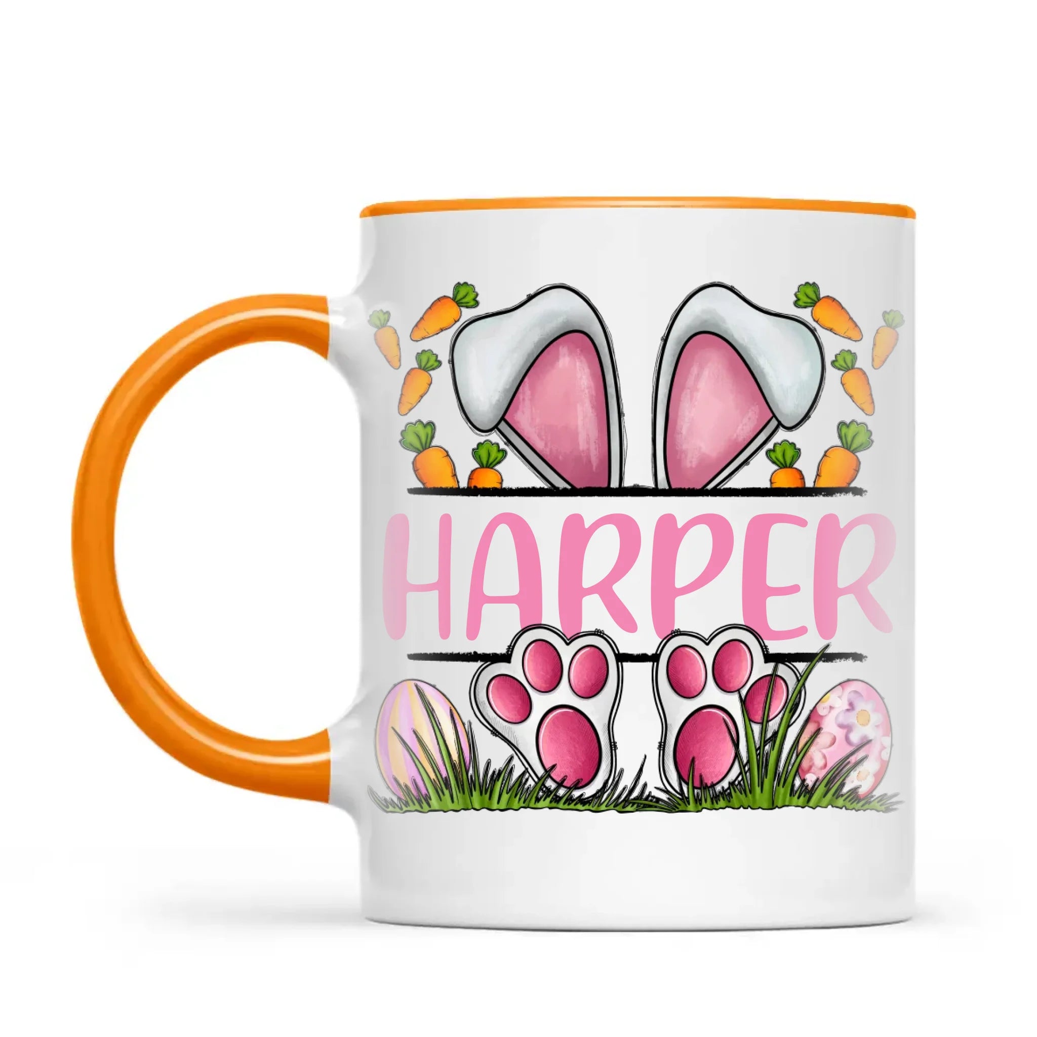 Personalised Easter Bunny Mug – Custom Name Kids Cup with Cute Pink Bunny Design, Carrots & Eggs – Enamel or Ceramic – NZ Made