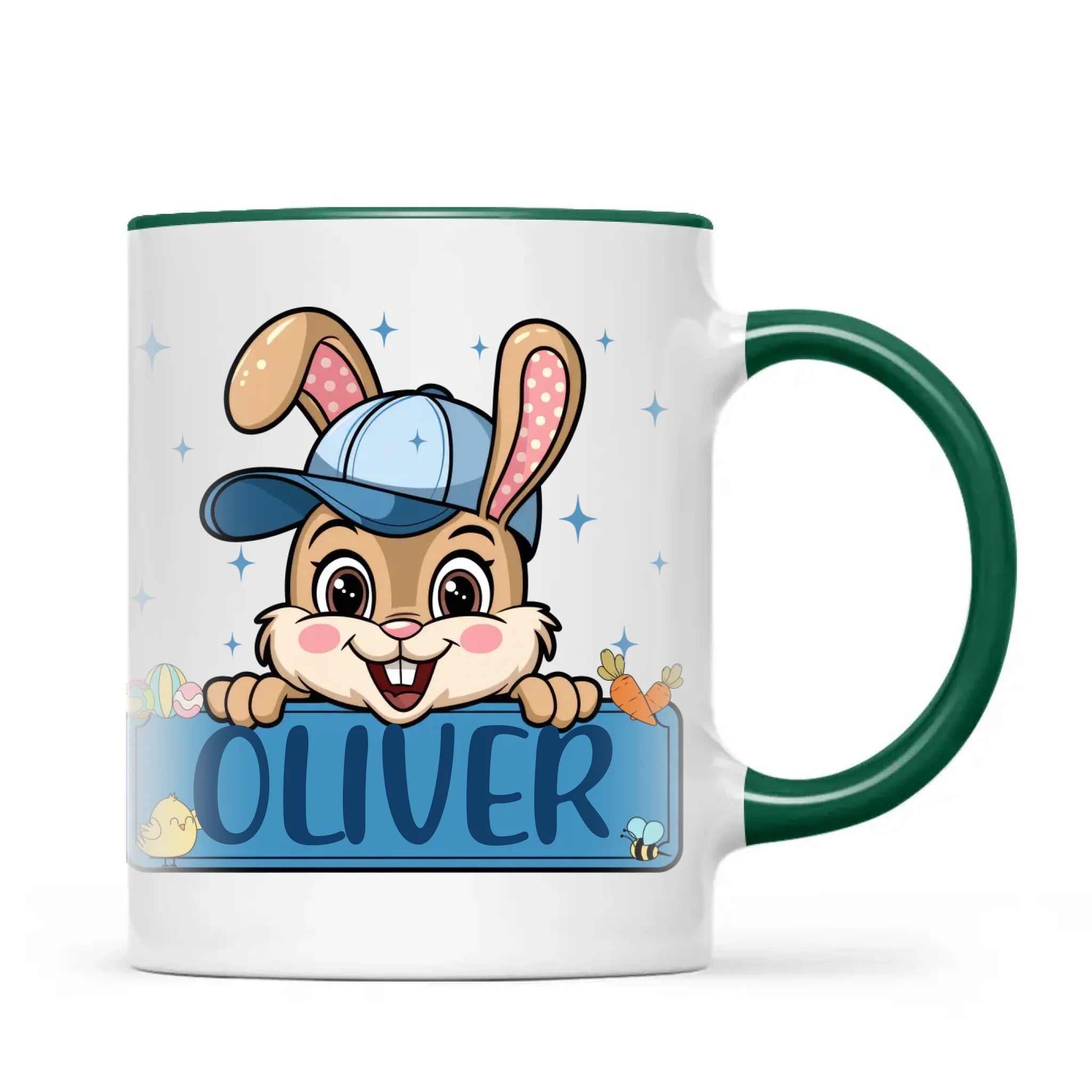 Personalised Bunny Mug for Boys – Custom Name Easter Gift – Cute Bunny with Blue Cap, Eggs & Carrots – Enamel or Ceramic Cup – NZ Made