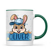 Personalised Bunny Mug for Boys – Custom Name Easter Gift – Cute Bunny with Blue Cap, Eggs & Carrots – Enamel or Ceramic Cup – NZ Made