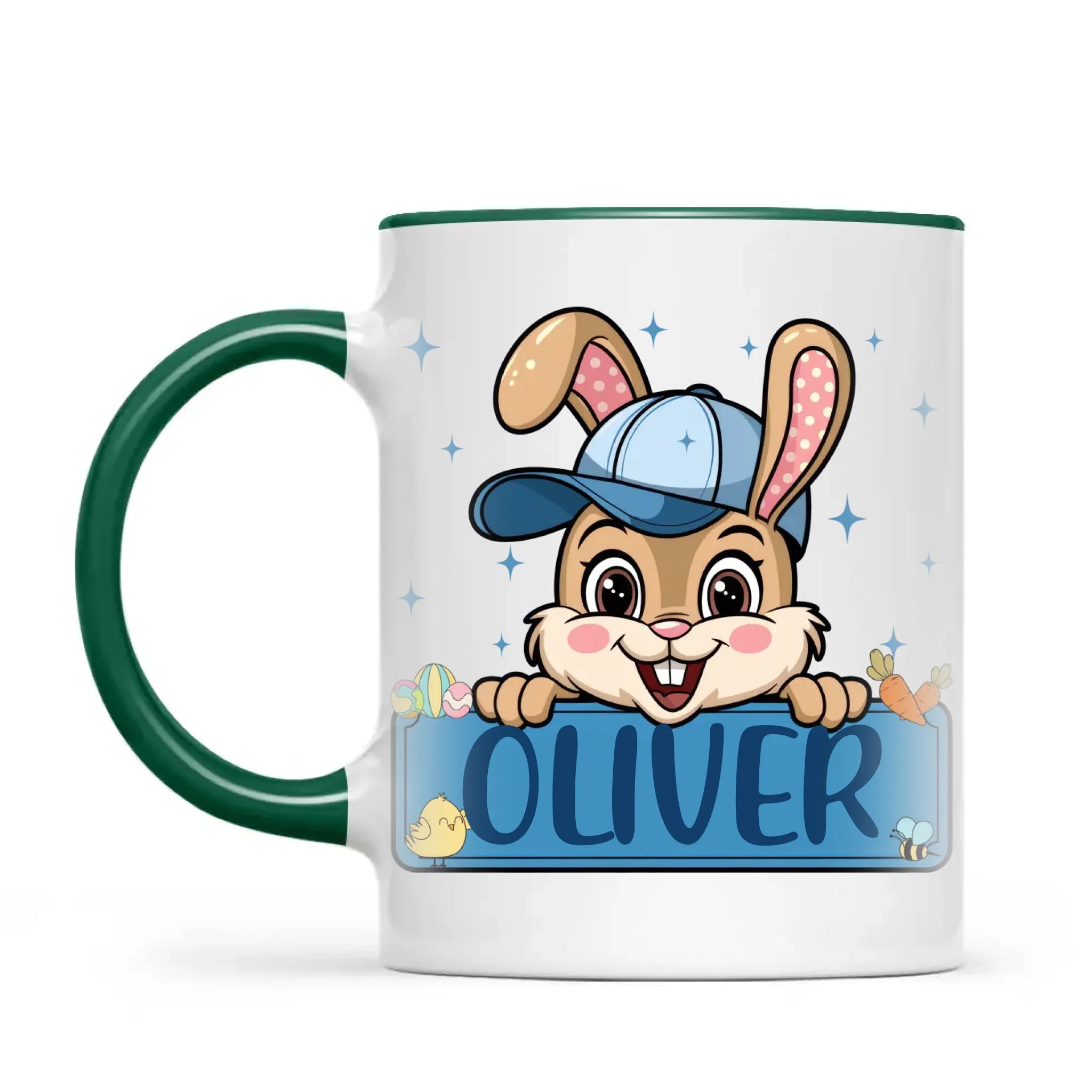 Personalised Bunny Mug for Boys – Custom Name Easter Gift – Cute Bunny with Blue Cap, Eggs & Carrots – Enamel or Ceramic Cup – NZ Made