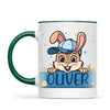 Personalised Bunny Mug for Boys – Custom Name Easter Gift – Cute Bunny with Blue Cap, Eggs & Carrots – Enamel or Ceramic Cup – NZ Made