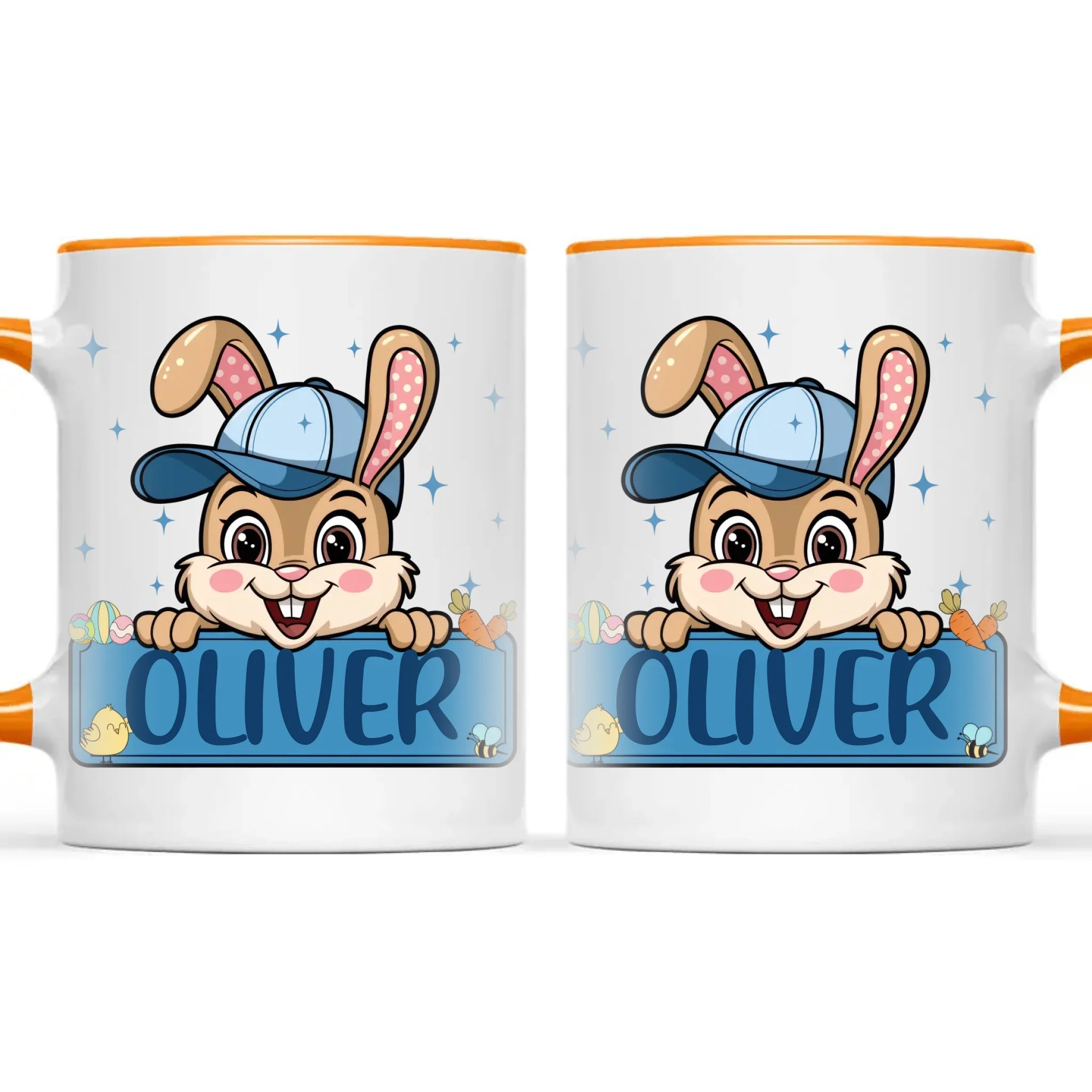 Personalised Bunny Mug for Boys – Custom Name Easter Gift – Cute Bunny with Blue Cap, Eggs & Carrots – Enamel or Ceramic Cup – NZ Made