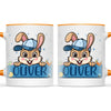 Personalised Bunny Mug for Boys – Custom Name Easter Gift – Cute Bunny with Blue Cap, Eggs & Carrots – Enamel or Ceramic Cup – NZ Made