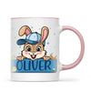 Personalised Bunny Mug for Boys – Custom Name Easter Gift – Cute Bunny with Blue Cap, Eggs & Carrots – Enamel or Ceramic Cup – NZ Made