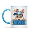 Personalised Bunny Mug for Boys – Custom Name Easter Gift – Cute Bunny with Blue Cap, Eggs & Carrots – Enamel or Ceramic Cup – NZ Made