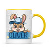 Personalised Bunny Mug for Boys – Custom Name Easter Gift – Cute Bunny with Blue Cap, Eggs & Carrots – Enamel or Ceramic Cup – NZ Made