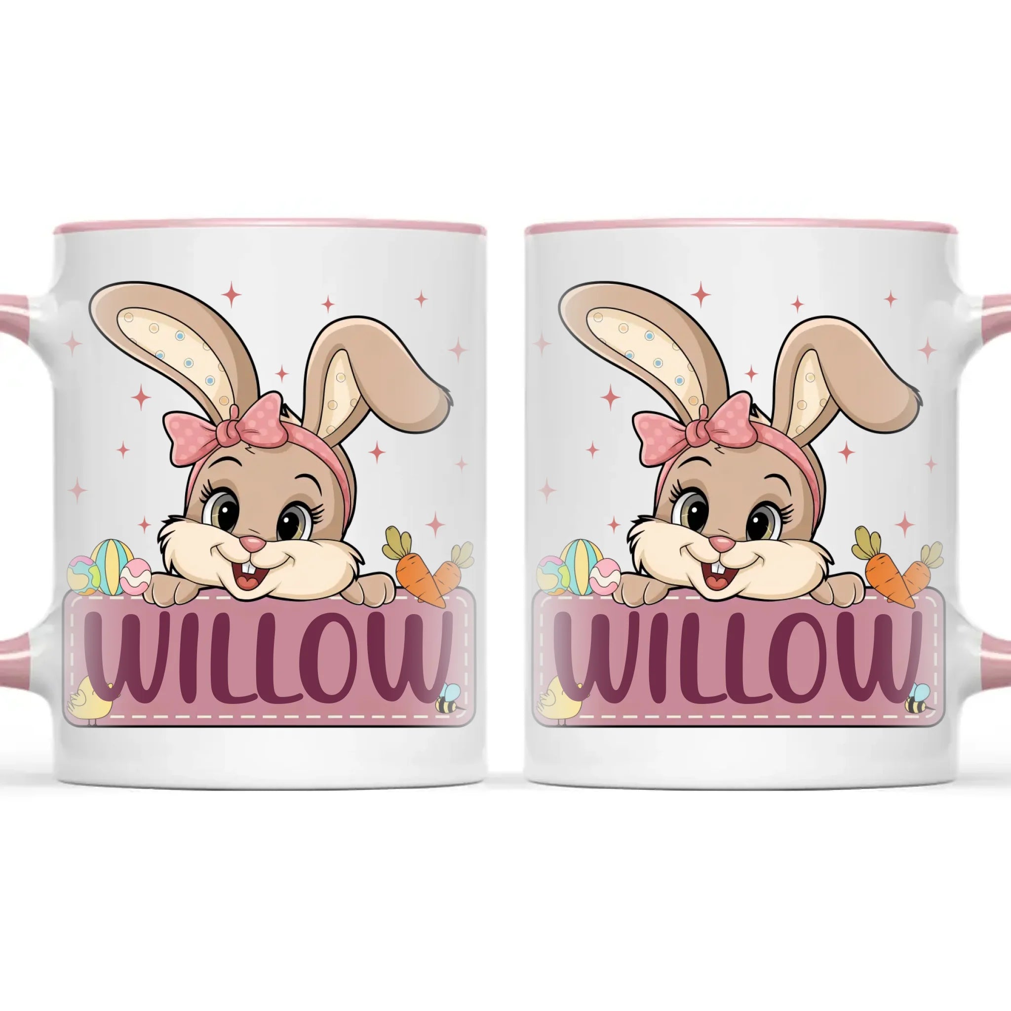 Adorable Personalised Bunny Mug for Kids – Custom Name Easter Gift – Cute Girl Bunny with Carrots & Eggs – Ceramic or Enamel Cup – NZ Made