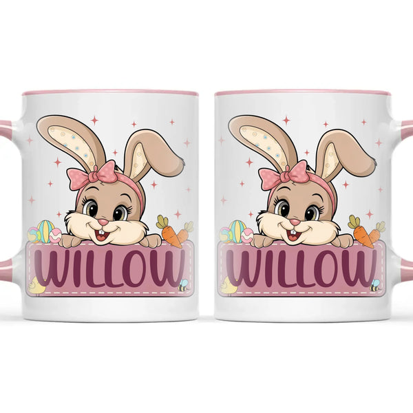 Adorable Personalised Bunny Mug for Kids – Custom Name Easter Gift – Cute Girl Bunny with Carrots & Eggs – Ceramic or Enamel Cup – NZ Made