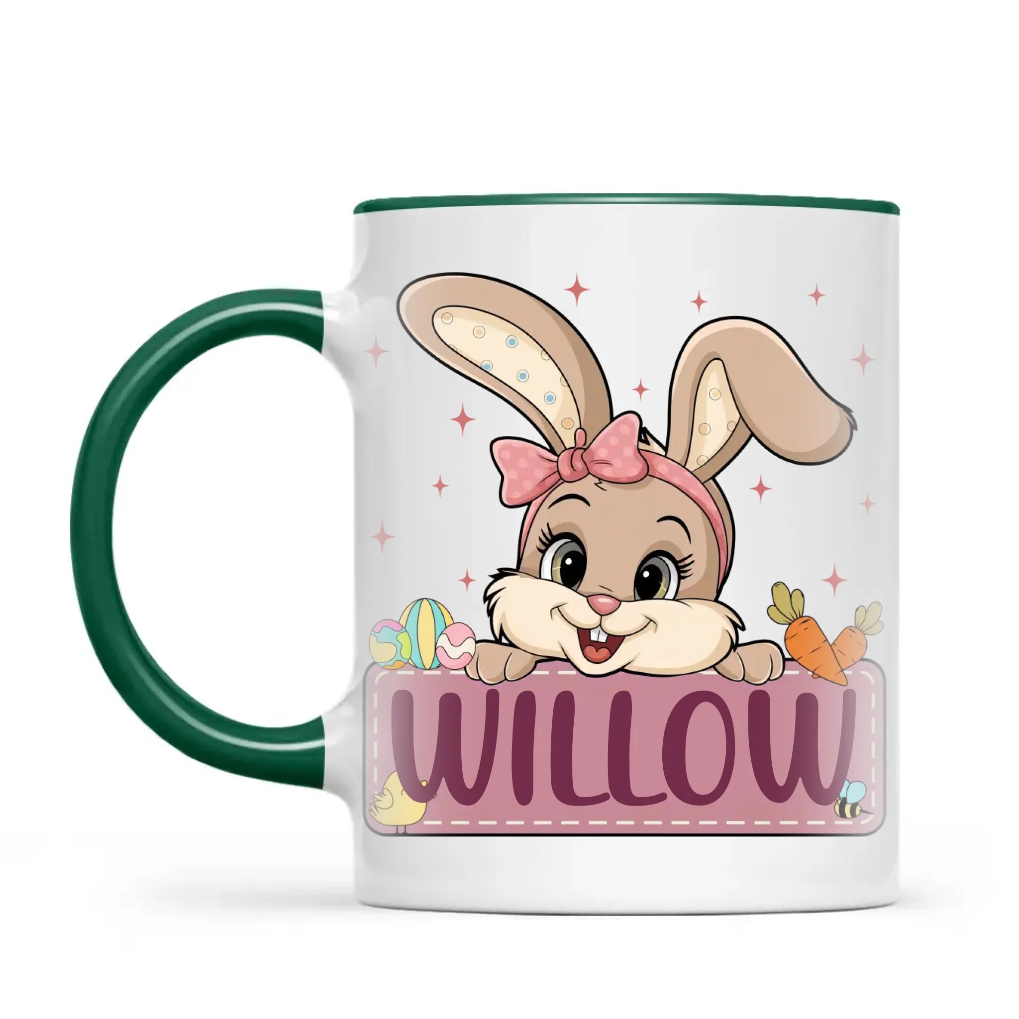 Adorable Personalised Bunny Mug for Kids – Custom Name Easter Gift – Cute Girl Bunny with Carrots & Eggs – Ceramic or Enamel Cup – NZ Made