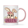 Adorable Personalised Bunny Mug for Kids – Custom Name Easter Gift – Cute Girl Bunny with Carrots & Eggs – Ceramic or Enamel Cup – NZ Made