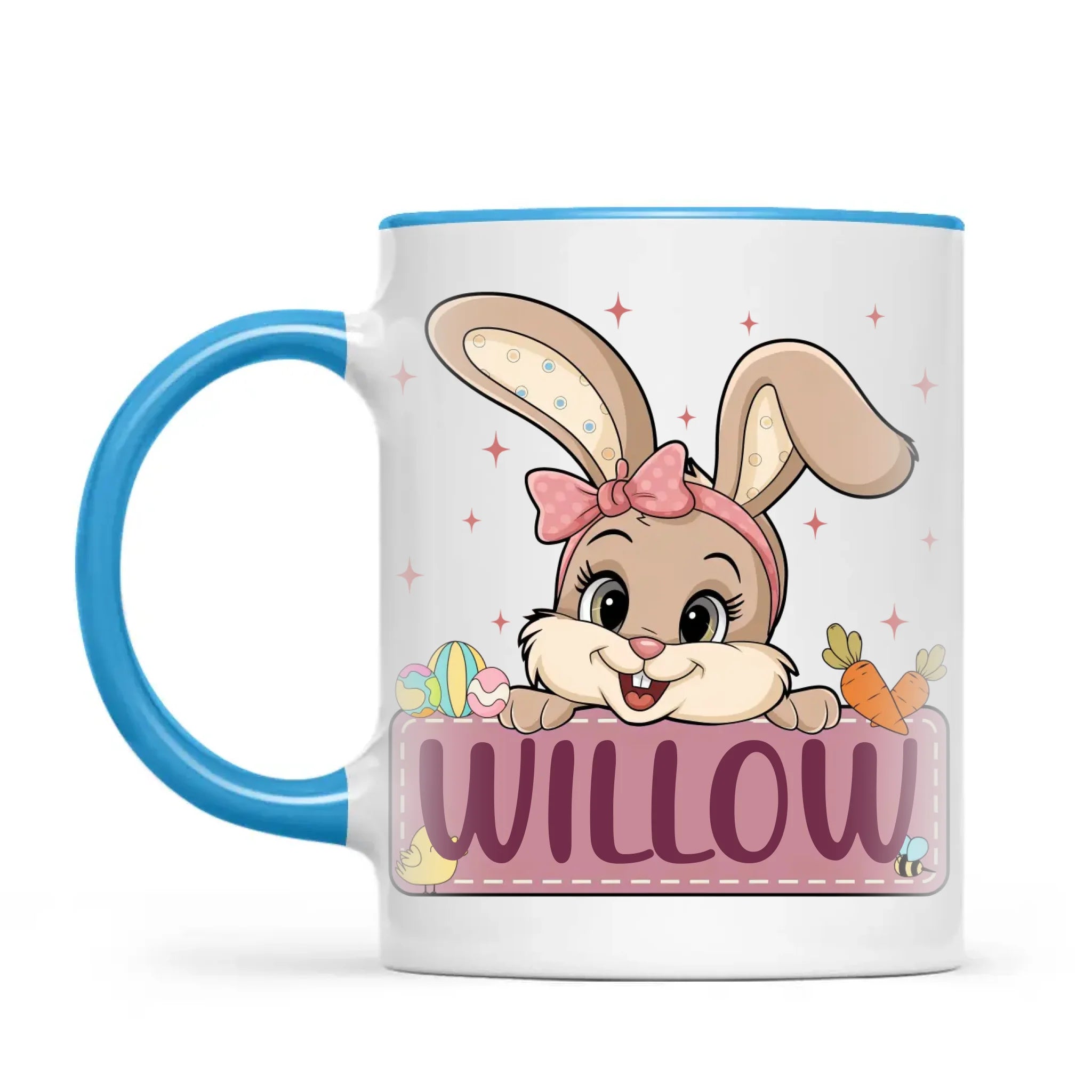 Adorable Personalised Bunny Mug for Kids – Custom Name Easter Gift – Cute Girl Bunny with Carrots & Eggs – Ceramic or Enamel Cup – NZ Made