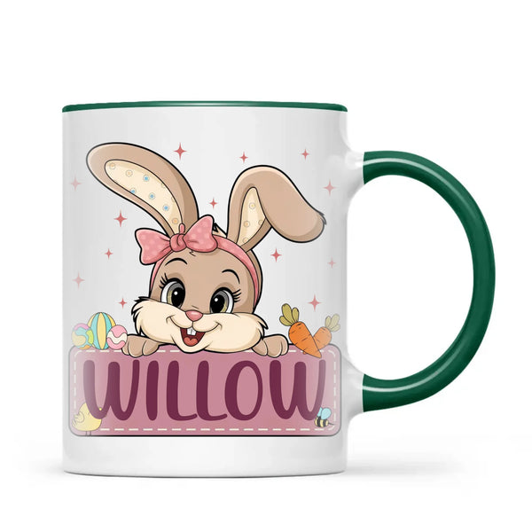 Adorable Personalised Bunny Mug for Kids – Custom Name Easter Gift – Cute Girl Bunny with Carrots & Eggs – Ceramic or Enamel Cup – NZ Made
