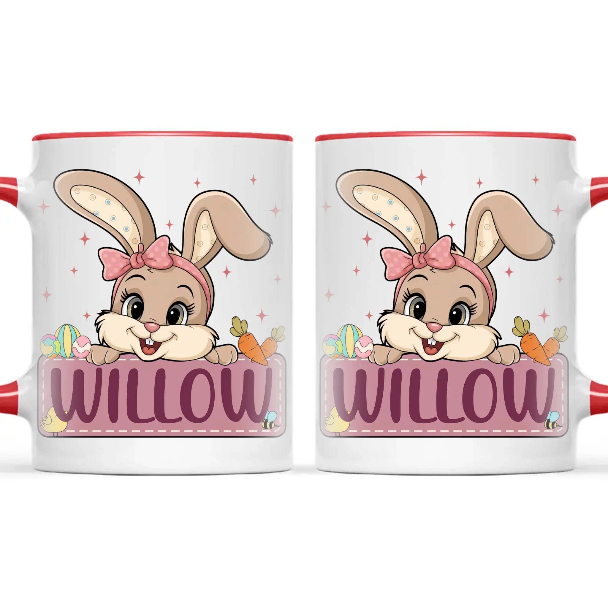 Adorable Personalised Bunny Mug for Kids – Custom Name Easter Gift – Cute Girl Bunny with Carrots & Eggs – Ceramic or Enamel Cup – NZ Made