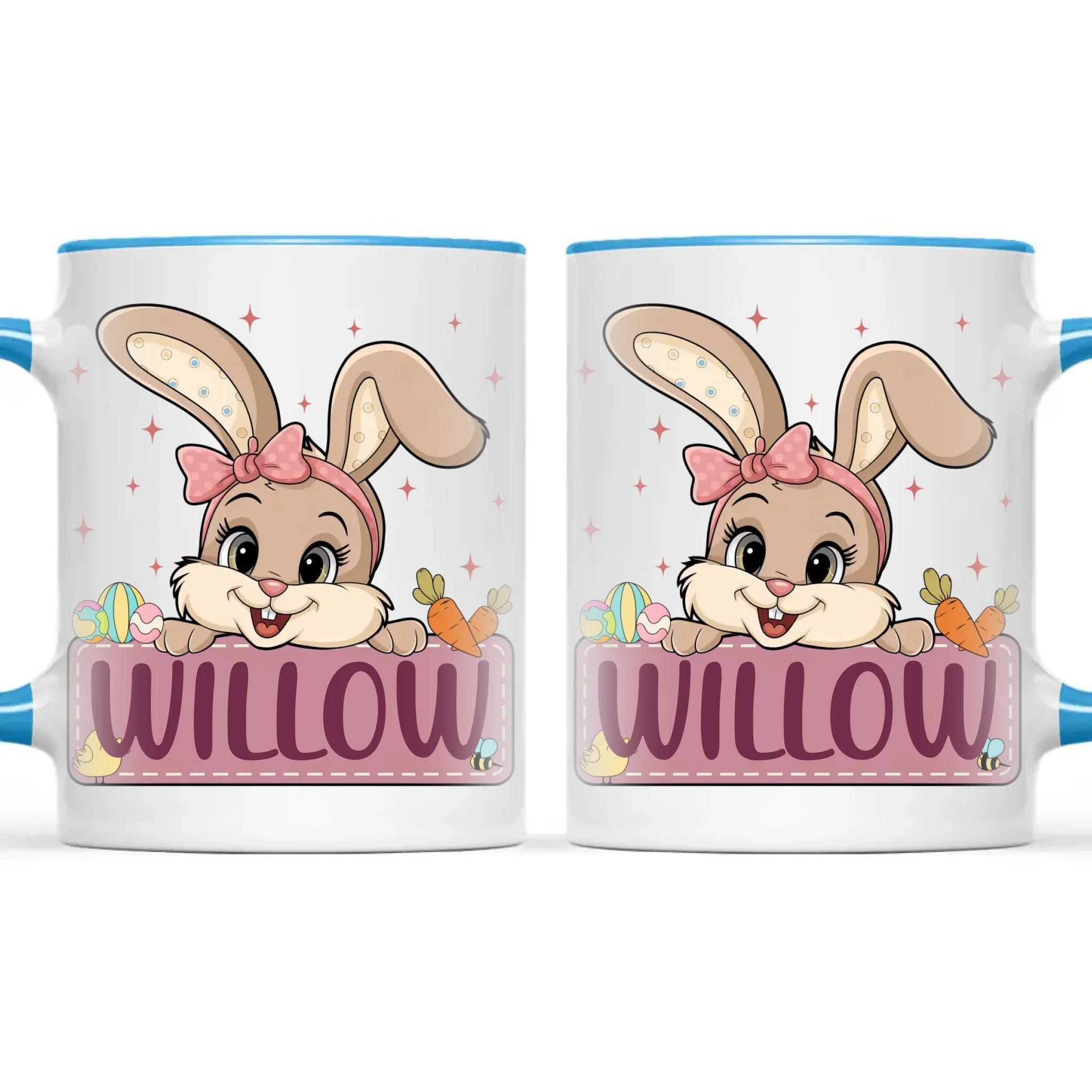 Adorable Personalised Bunny Mug for Kids – Custom Name Easter Gift – Cute Girl Bunny with Carrots & Eggs – Ceramic or Enamel Cup – NZ Made