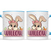 Adorable Personalised Bunny Mug for Kids – Custom Name Easter Gift – Cute Girl Bunny with Carrots & Eggs – Ceramic or Enamel Cup – NZ Made