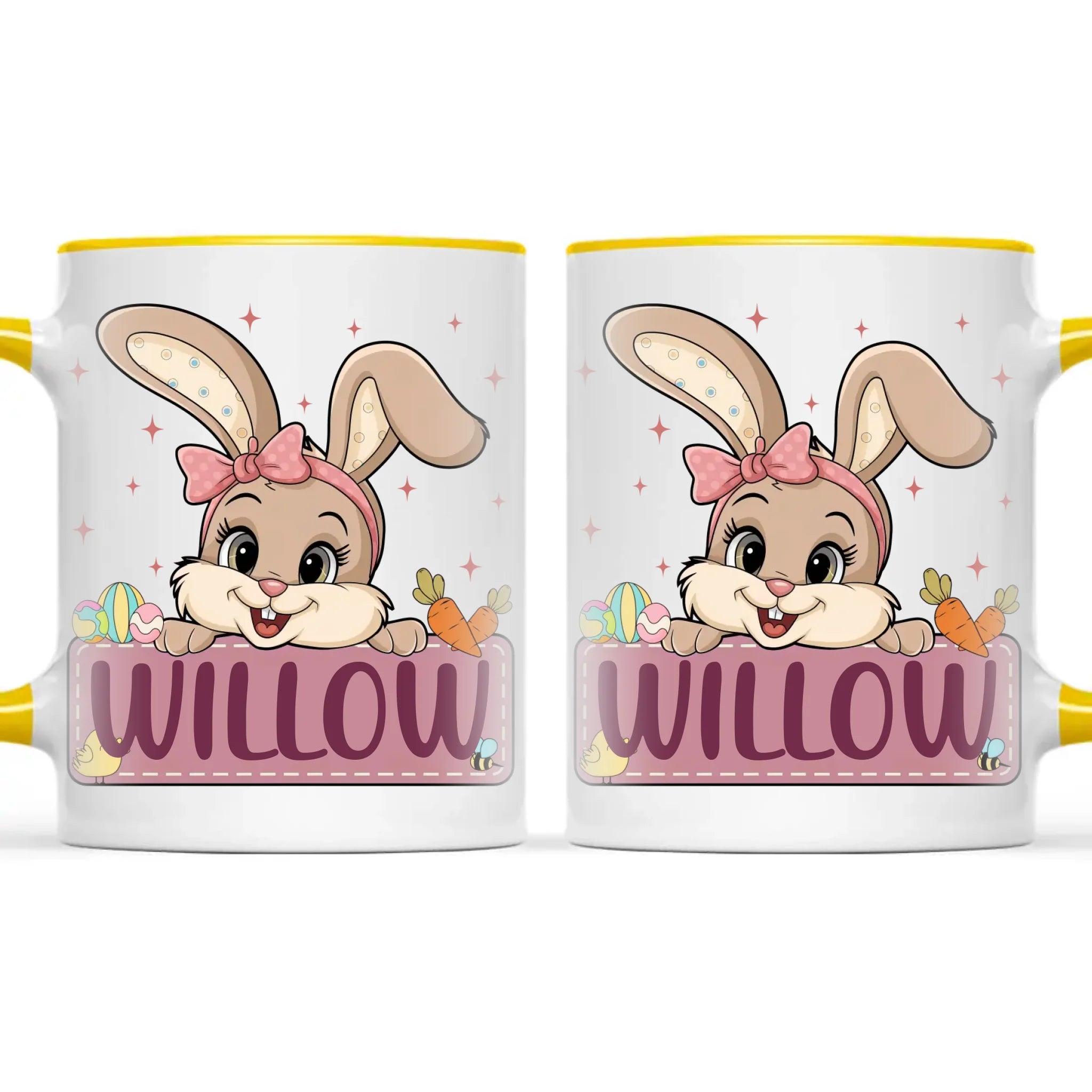 Adorable Personalised Bunny Mug for Kids – Custom Name Easter Gift – Cute Girl Bunny with Carrots & Eggs – Ceramic or Enamel Cup – NZ Made