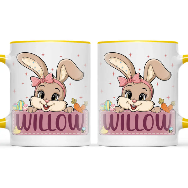 Adorable Personalised Bunny Mug for Kids – Custom Name Easter Gift – Cute Girl Bunny with Carrots & Eggs – Ceramic or Enamel Cup – NZ Made