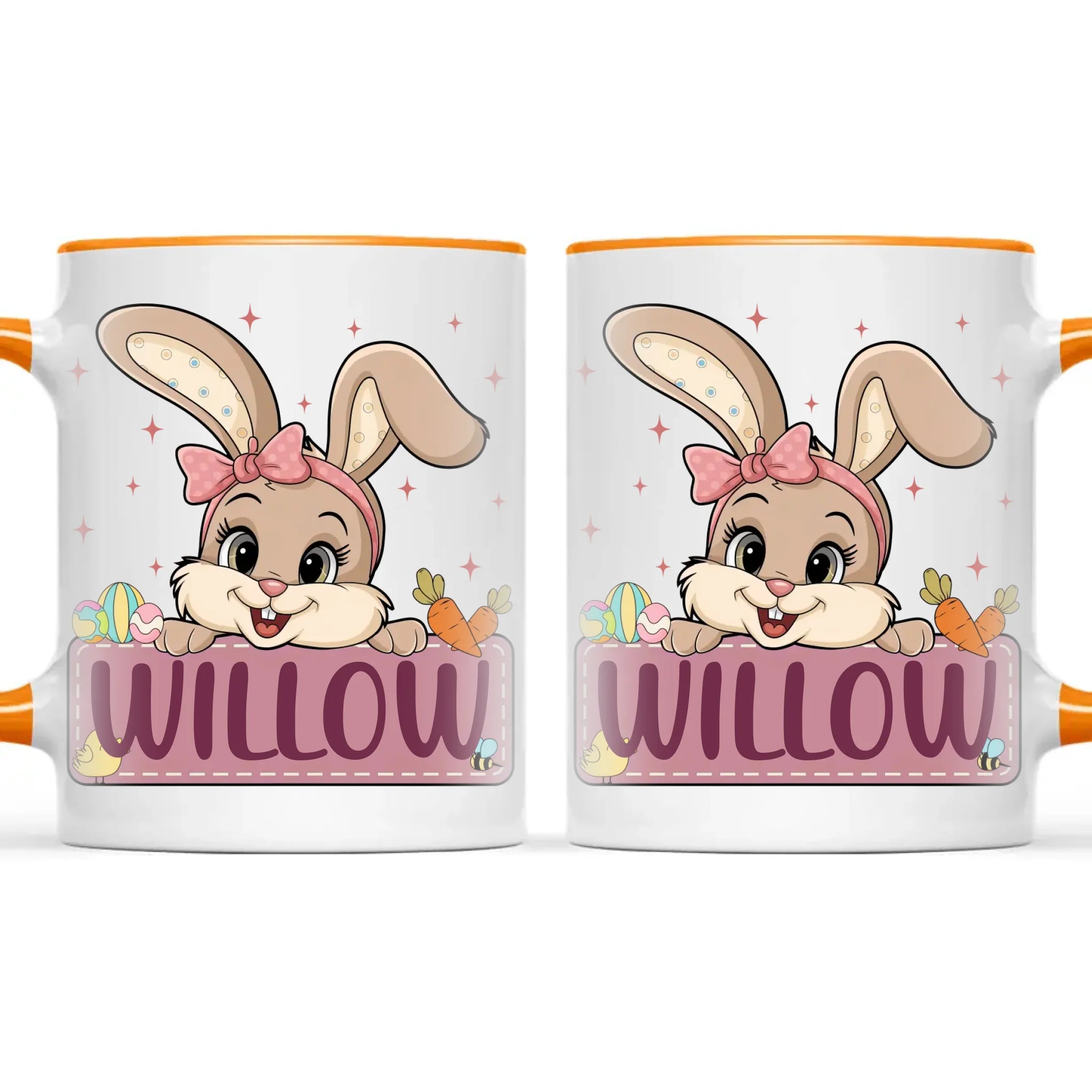 Adorable Personalised Bunny Mug for Kids – Custom Name Easter Gift – Cute Girl Bunny with Carrots & Eggs – Ceramic or Enamel Cup – NZ Made
