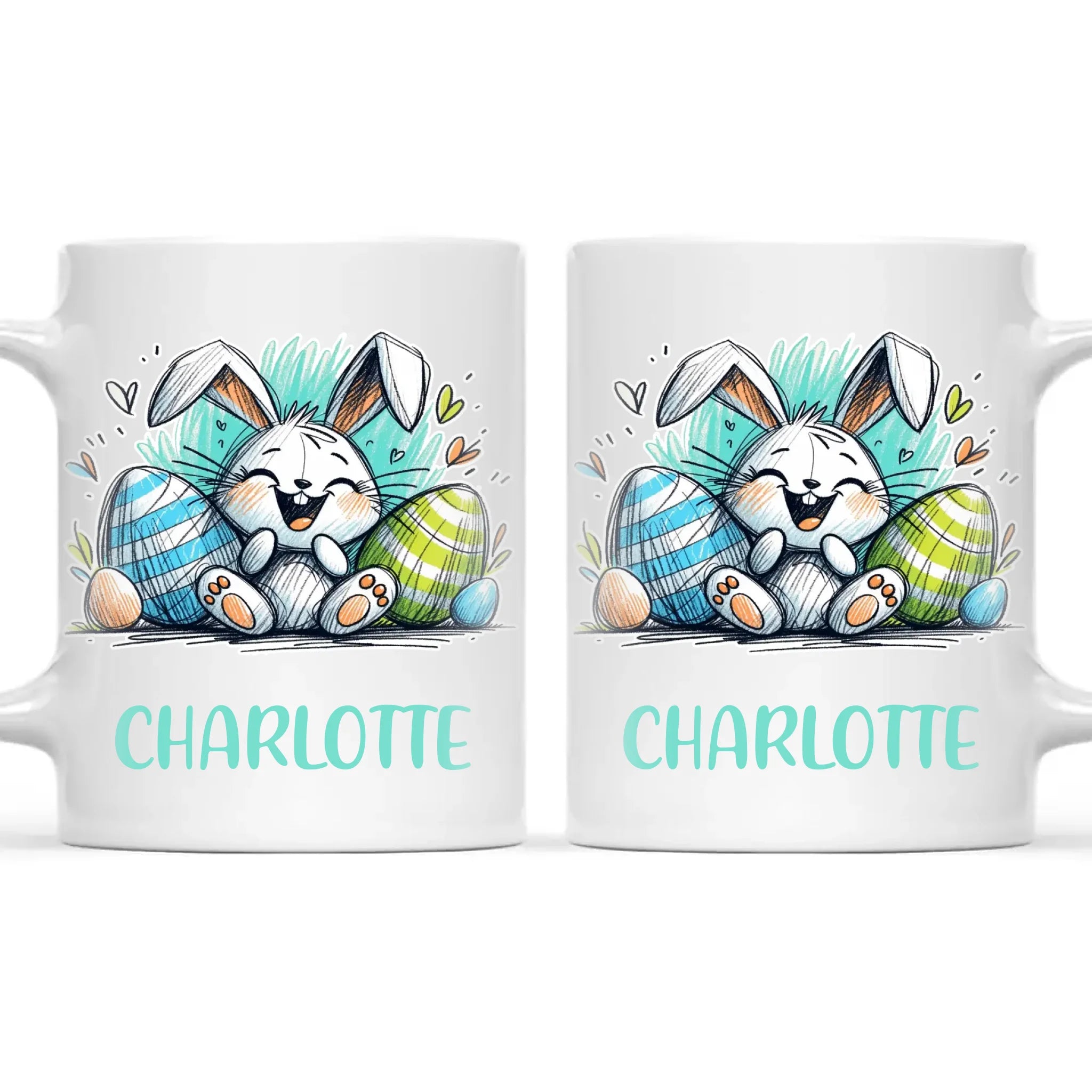 Personalised Easter Bunny Mug – Custom Name Cup for Kids – Happy Sketch Bunny with Colourful Eggs – Ceramic or Enamel – NZ Made