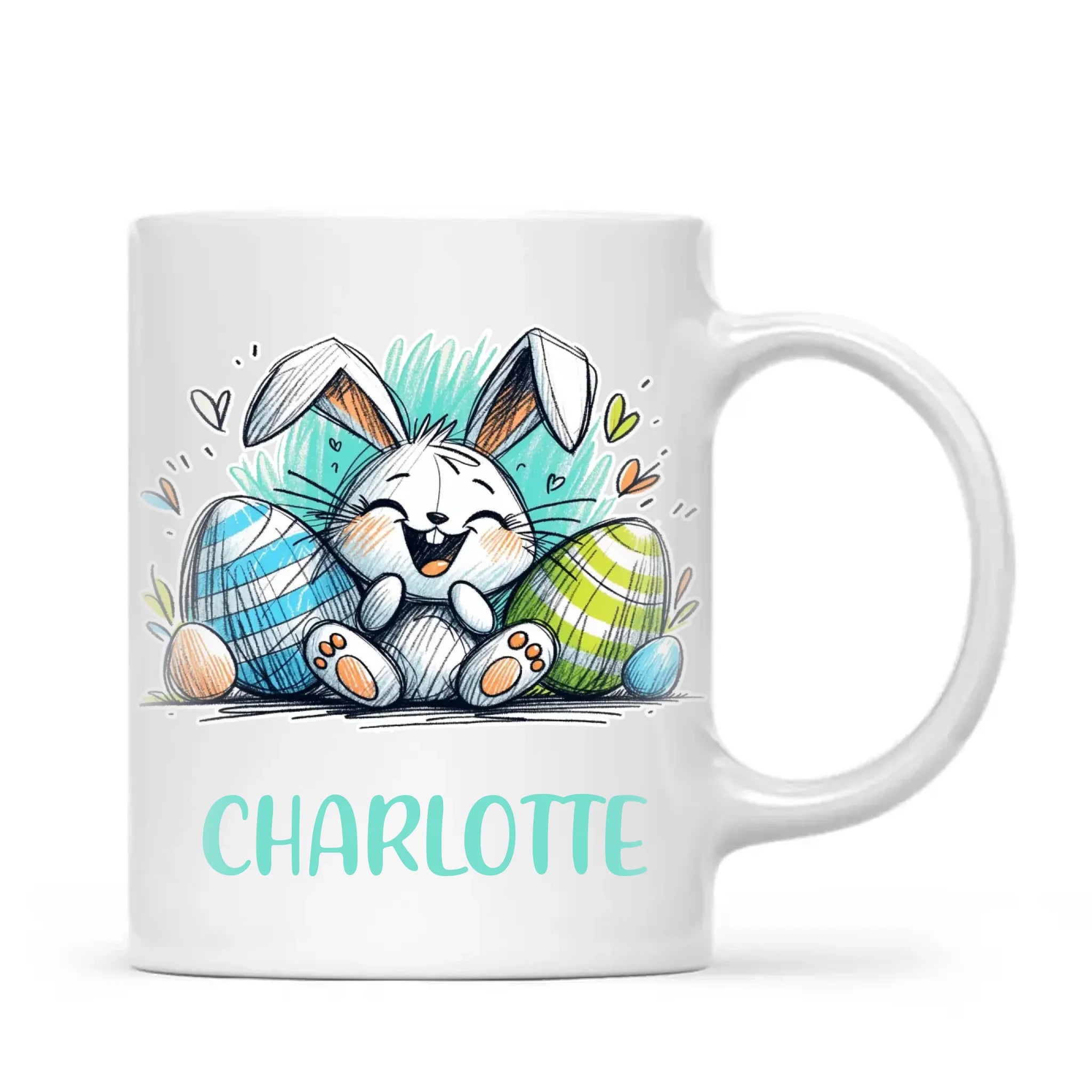 Personalised Easter Bunny Mug – Custom Name Cup for Kids – Happy Sketch Bunny with Colourful Eggs – Ceramic or Enamel – NZ Made