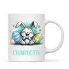 Personalised Easter Bunny Mug – Custom Name Cup for Kids – Happy Sketch Bunny with Colourful Eggs – Ceramic or Enamel – NZ Made