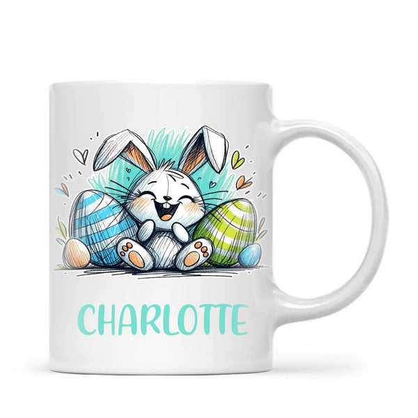 Personalised Easter Bunny Mug – Custom Name Cup for Kids – Happy Sketch Bunny with Colourful Eggs – Ceramic or Enamel – NZ Made